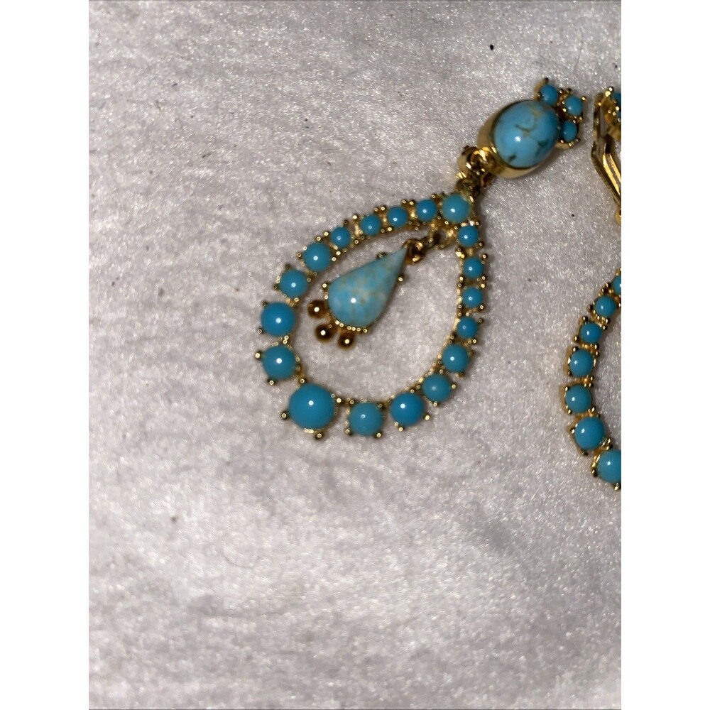 Vintage Beautiful Fashion Vintage Large Turquoise Dangle Clip Earrings Circle - Picture 2 of 5